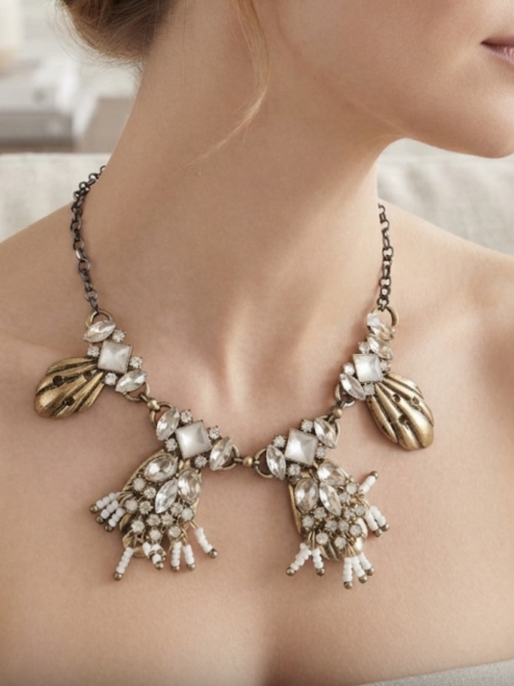 Dress Barn Gold-Tone Statement Necklace with Clear and White Stones